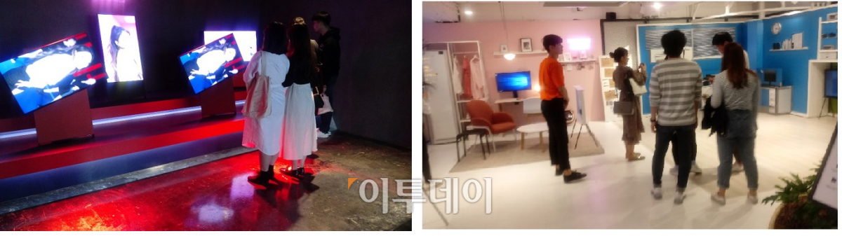 ▲새로보다 방문객이 1층(왼쪽), 2층에 삼성전자 라이프스타일 TV로 꾸며진 공간을 구경하고 있다. (한영대 기자 yeongdai@)