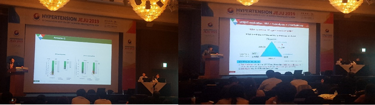 ▲지난 18일 열린 대한고혈압학회 춘계학술대회 산학세션에서 건국의대 김성해 교수(왼쪽사진)와 한양의대 신진호 교수가 주제발표를 진행하고 있다.(사진제공=한미약품)