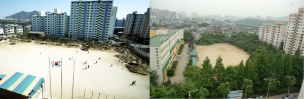 ▲안양 신기초등학교 1999년(왼쪽)과 2009년(오른쪽)학교숲 시범 사업 전후 모습.(사진제공=유한킴벌리)