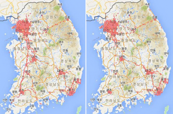 ▲삼성 스마트폰 커뮤니티 회원인 A 씨는 지난달 한 이동통신사 5G 서비스에 가입해 이통사가 제공하는 '5G 커버리지 맵'을 확인했지만, 제대로 서비스가 이뤄지지 않고 있다는 사실을 파악해 고객센터에 문의했다. 해당 이통사 고객센터에서는 별다른 조치 없이 5G 커버리지 맵만 수정했다. 사진은 A 씨가 고객센터에 항의하기 전 '5G 커버리지 맵'(왼쪽)과 항의 후 수정된 '5G 커버리지 맵'. (출처=이통사 5G 커버리지맵 캡처)