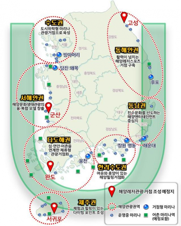 ▲정부가 전국 7대 권역별로 해양레저관광 거점을 개발해 언제나, 어느 곳을 가더라도 즐길거리가 있는 바다를 만들기로 했다. 7개 권역 구상도.(출처=해양수산부)