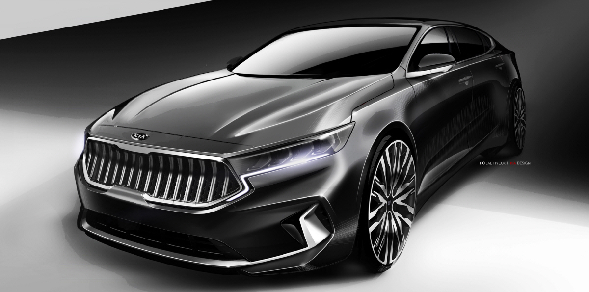 ▲K7의 독창적 이미지인 Z모양의 주간 주행등은 프런트 그릴 쪽으로 자리를 옮기고 더욱 강렬해졌다. 사진제공=기아차