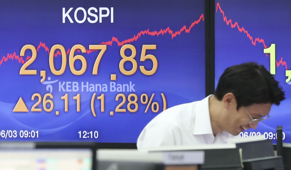▲코스피지수가 전 거래일(2041.74) 대비 26.11포인트(1.28%) 오른 2067.85에 마감한 3일 서울 중구 명동 KEB하나은행 딜링룸에서 딜러가 업무를 보고 있다.(뉴시스)