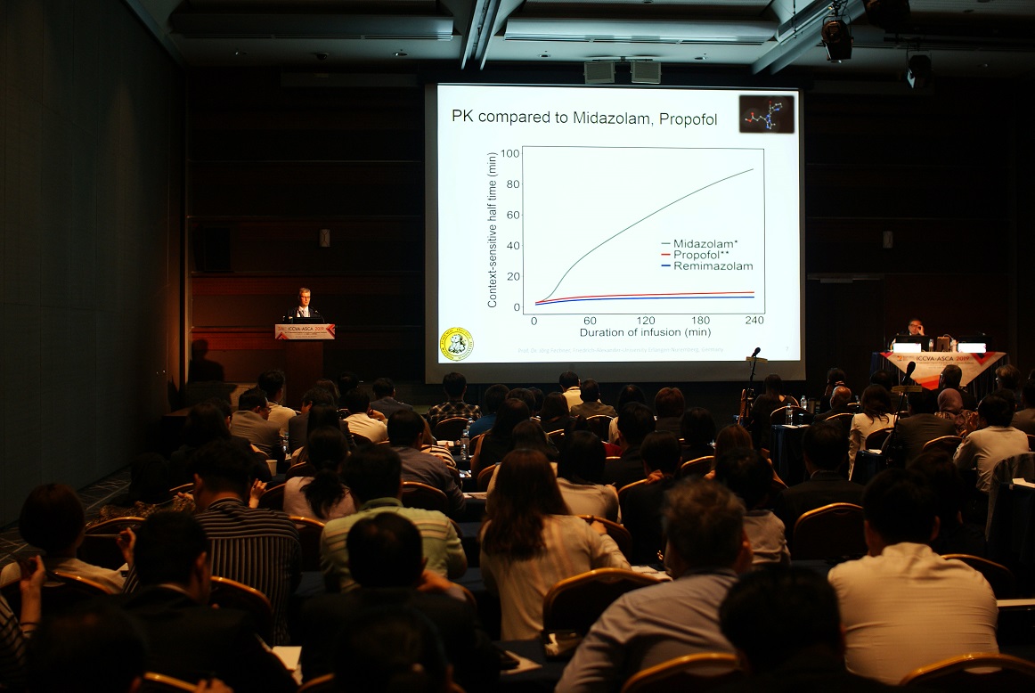 ▲서울 코엑스에서 열린 세계심폐혈관마취학회 학술대회심포지엄에서 에를랑겐-뉘른베르크대학의 마취통증의학과 요르그 페히너 교수가 ‘New Challenges and Approaches for Total Intravenous Anesthesia in Cardiothoracic Surgery’를 주제로 발표를 하고 있다.(사진제공=하나제약)