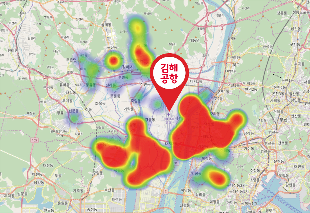 ▲지난 5개월간 김해공항 주변 드론 비행 경로를 나타내는 히팅맵 (비행이 빈번한 지역이 적색으로 표시)(사진제공= SK텔레콤)