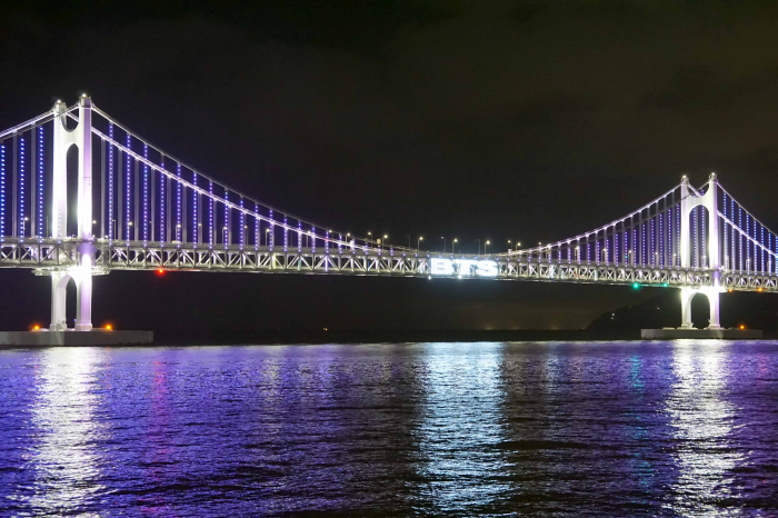 ▲13일 방탄소년단을 환영하는 보라색 조명을 밝힌 용두산 부산 광안대교의 모습.(연합뉴스)