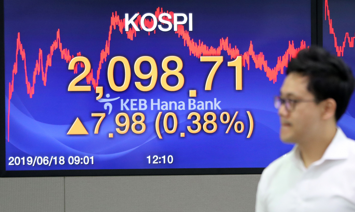 ▲18일 코스피지수가 전 거래일(2090.73) 대비 7.98포인트(0.38%) 오른 2098.71에 마감했다. 