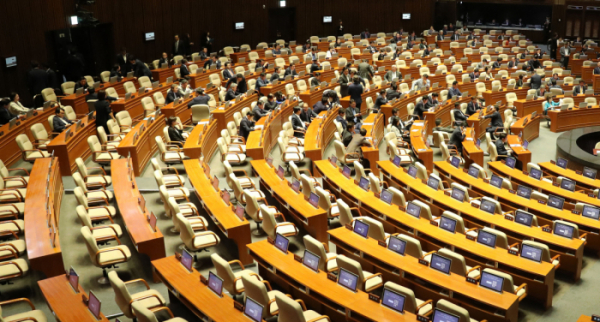 ▲24일 오후 국회 본회의가 열리기에 앞서 여야 의원들이 자유한국당 의원들이 참석하기를 기다리고 있다. (연합뉴스)