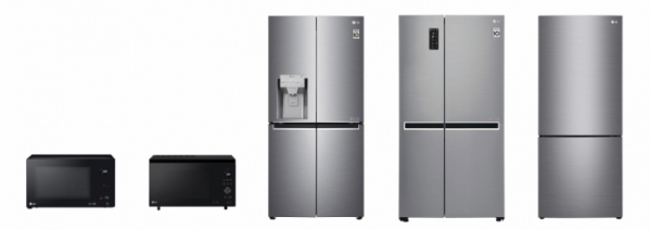 ▲LG전자의 전자레인지, 슬림 광파오븐, 프렌치도어 냉장고, 양문형 냉장고, 상냉장ㆍ하냉동 냉장고 (사진제공=LG전자)