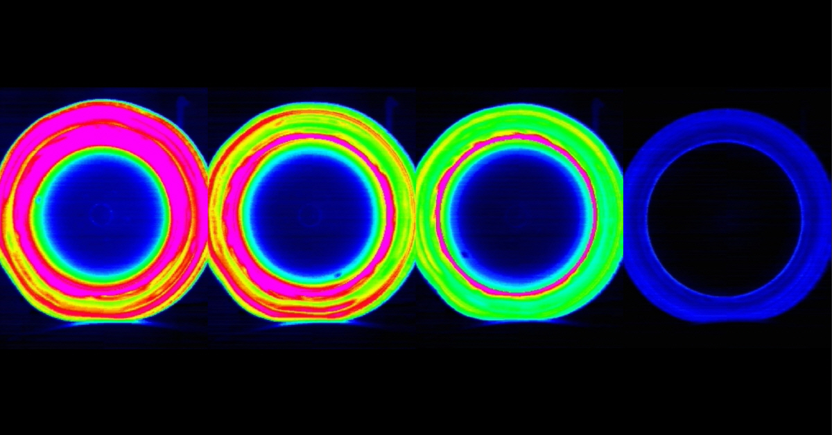 ▲ 타이어 제조사들은 더운 여름철 타이어 공기압을 기준치보다 약 10% 더 주입하도록 권고하고 있다. 뜨거운 열 탓에 접촉(복구)과 비접촉(변형)이 반복될수록 타이어 내부 공기가 뜨거워지면서 표면이 일그러지는, 이른바 ‘스탠딩 웨이브(standing wave)’ 현상에 따른 타이어 파손을 막기 위해서다. 사진 오른쪽부터 왼쪽으로 타이어 열변형 형상 모습.  사진제공 한국타이어 