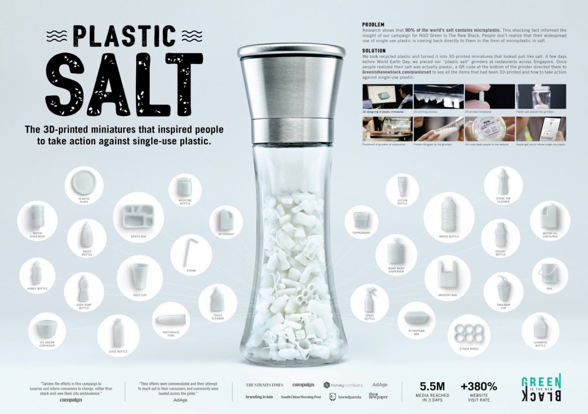 ▲광고명 'Plastic Salt'. 광고주는 'Green Is The New'이다. 광고회사 Dentsu Singapore. 소금을 플라스틱화하여 미세 플라스틱에 대한 문제 인식 및 사람들에게 사용 거부를 장려하려 한다는 내용이다.
