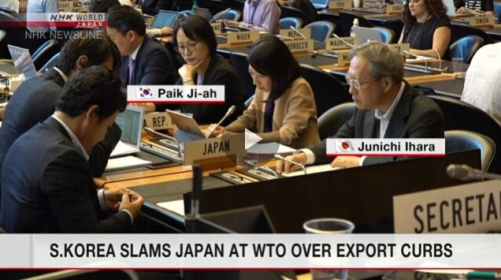 ▲한국과 일본이 9일(현지시간) 스위스 제네바에서 열린 WTO 상품무역이사회에서 수출 규제 문제를 놓고 서로의 입장을 피력하고 있다. 출처 NHK 동영상 캡처
