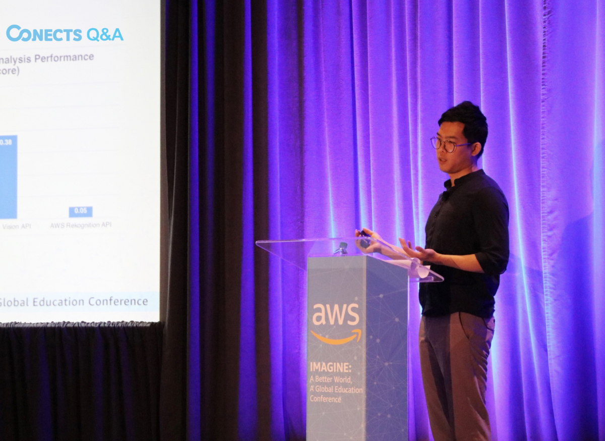 ▲지난 10일(현지시간) 미국 시애틀 워싱턴스테이트컨벤션센터(WSCC)에서 개막한 ‘2019 아마존웹서비스(AWS) 글로벌 교육 콘퍼런스’에서 에스티유니타스 조휘철 AI 수석 연구원이 AI와 머신러닝 기반의 문제 검색 엔진을 적용한 ‘커넥츠 Q&A’에 대해 발표하고 있다.(사진제공=에스티유니타스)