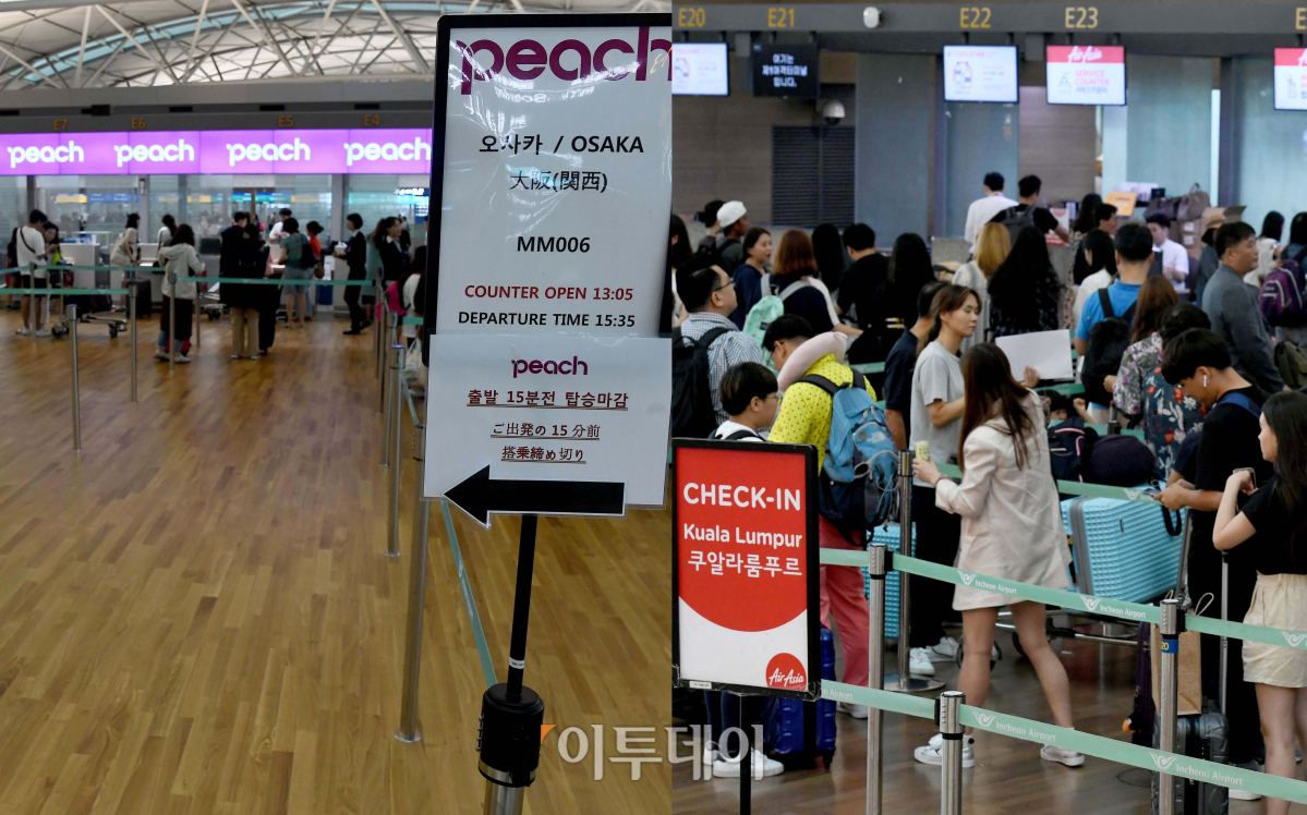 ▲본격적인 여름 휴가철에 접어든 24일 인천 중구 인천국제공항 오사카행 피치항공 체크인 카운터가 한산한 모습을 보이는 반면 같은 시간 쿠알라룸푸르행 에어아시아 체크인 카운터는 피서객들로 붐비고 있다. 일본 수출규제 조치에 일본 제품 및 여행 등에 대한 불매운동이 펼쳐지고 있는 가운데 동남아 국가들이 반사이익을 얻고 있다. 신태현 기자 holjjak@