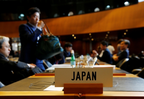 ▲24일(현지시간) 스위스 제네바에서 열린 WTO일반이사회에 일본 표시가 보인다. 제네바/로이터연합뉴스 