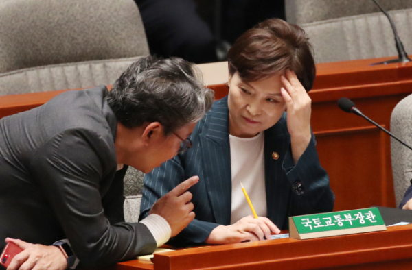 ▲김현미 국토부 장관(오른쪽)이 15일 국회에서 열린 예산결산특별위원회 전체회의에 참석했다(사진=연합뉴스) 