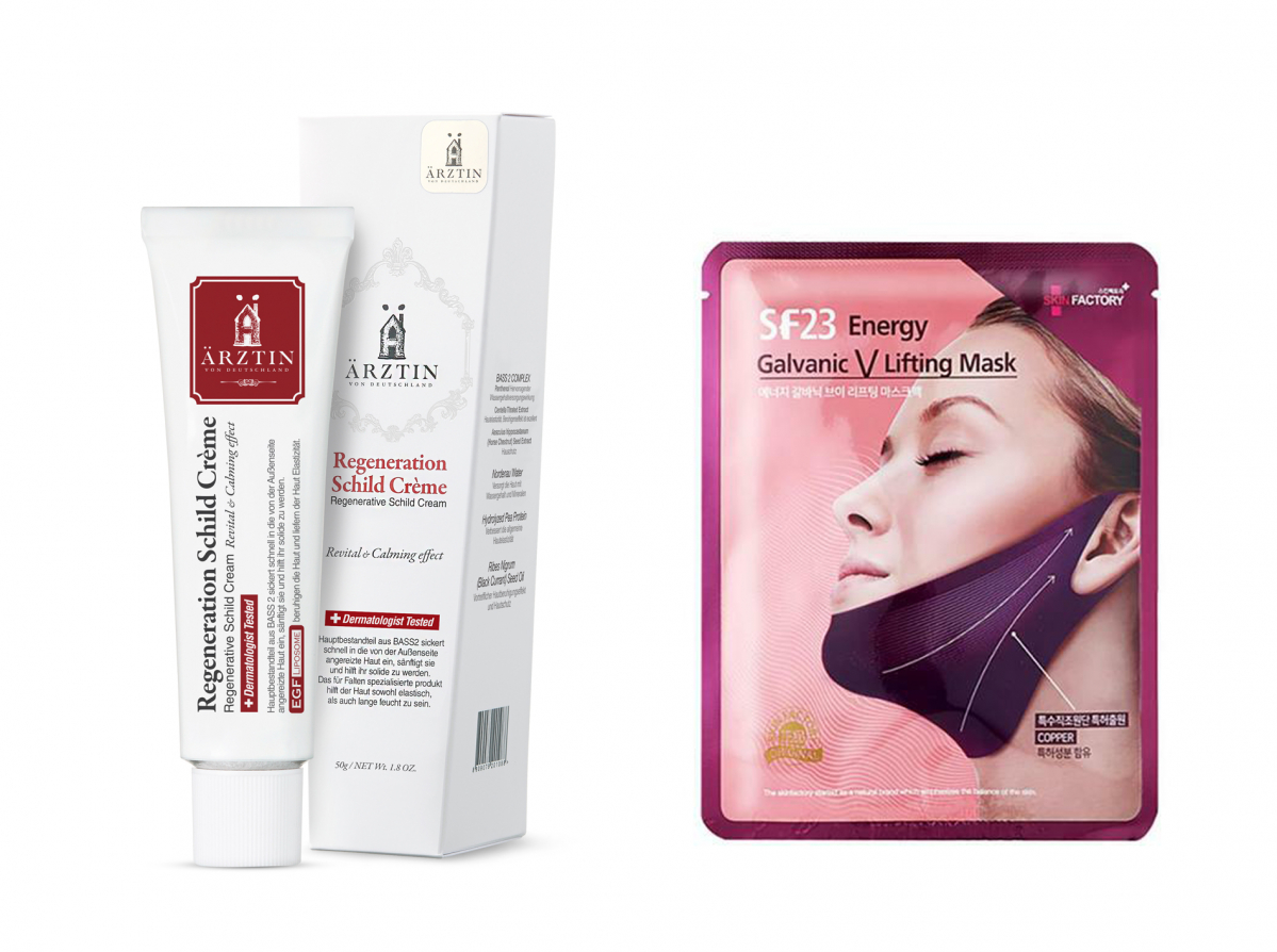 ▲’에르쯔틴 리제너레이티브 실트 크림’과 ‘스킨팩토리 SF23 에너지 갈바닉 브이 리프팅 마스크’.(사진제공=올리브영)