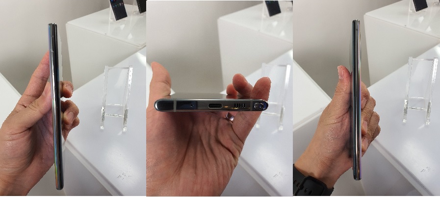 ▲'갤럭시 노트10'은 물리적인 키가 좌측 측면에만 배치해 더욱 간결하면서도 매끈한 디자인을 완성했다. 볼륨키가 상단에, 빅스비와 전원 키가 통합된 사이드키가 하단에 배치되어 있다. 갤럭시 노트10의 측면 및 하단 모습. 권태성 기자 tskwon@