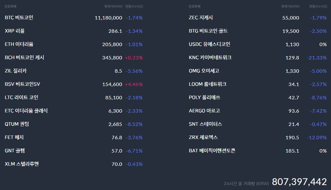 ▲16일 오전 10시15분께 코빗에서 거래되는 대부분의 코인 시세가 다른 거래소보다 낮은 가격에 거래되고 있다.(코빗 홈페이지 캡처)
