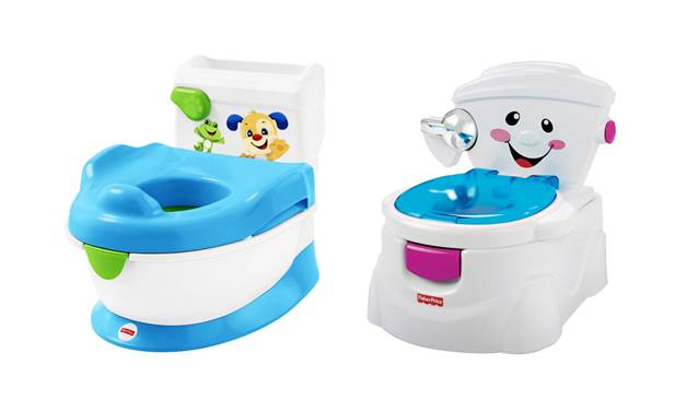 ▲피셔프라이스 ‘퍼피 아기변기’(왼쪽)와 ‘치어 포 미 아기변기’(오른쪽)(사진제공=손오공)
