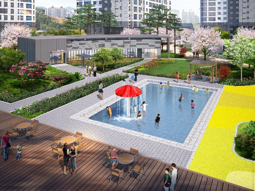 ▲‘오포 더샵 센트럴포레’ 아파트 단지 안에 들어설 어린이 물놀이장 조감도.