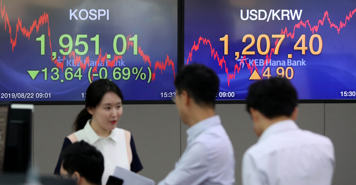 ▲22일 코스피가 전 거일 대비 13.64포인트(-0.69%)내린 1951.01에 장을 마쳤다. 