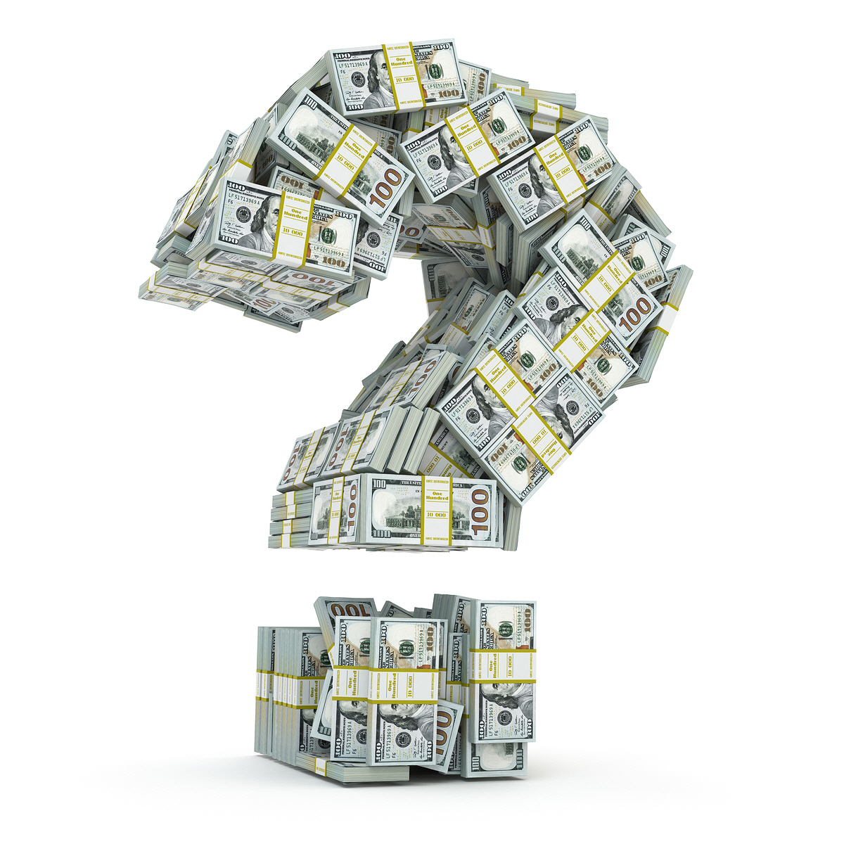 ▲Question sign from packs of dollar isolated on white. Where to invest money concept. 3d