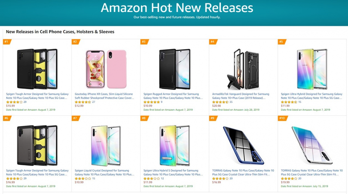 ▲23일 기준 미국 아마존 신제품 실시간 판매 순위에서 10위권 내 이름을 올린 슈피겐코리아 갤럭시 노트10 스마트폰 케이스 모델들.(사진제공=슈피겐코리아)