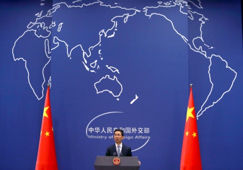 ▲27일(현지시간) 겅 솽 중국 외교부 대변인이 기자회견에서 발언하고 있다. 베이징/UPI연합뉴스 
