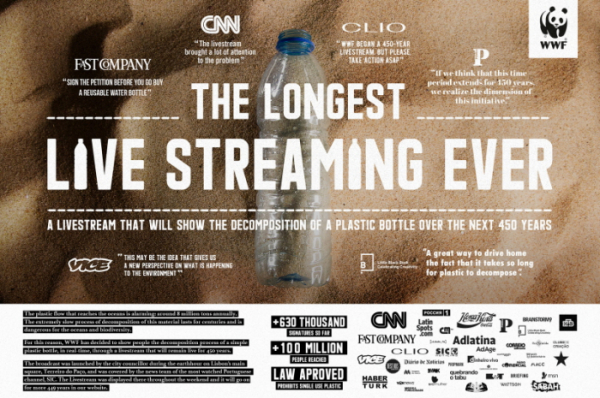▲NOSSA의 'The Longest Live Stream Ever'. 플라스틱 병이 분해되는 과정을 450년 동안 생중계하며, 매년 증가하는 플라스틱의 위험을 인식시킨다. 플라스틱 자연 분해에 대한 장기성을 나타내는 광고다.(사진제공=부산국제광고제)