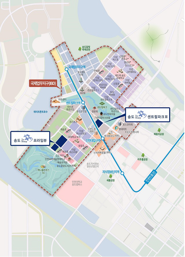 ▲인천 송도국제업무단지 ‘더샵 센트럴파크3차’와 ‘더샵 프라임뷰’ 위치도.