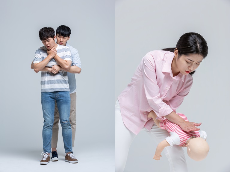 ▲기도가 막혔을 때 대처법. 왼쪽이 성인, 오른쪽이 소아 예시다. (게티이미지뱅크)