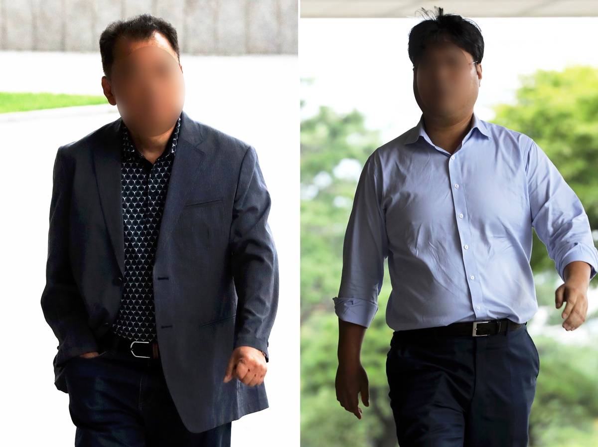 ▲조국 법무부장관 가족이 투자한 사모펀드 관련 의혹의 인물인 투자업체 웰스씨앤티 대표 최모(왼쪽)씨와 사모펀드 운용사 코링크프라이빗에쿼티(PE) 이상훈 대표가 14일 오후 서울 서초구 서울중앙지방검찰청으로 출석하고 있다. (뉴시스)