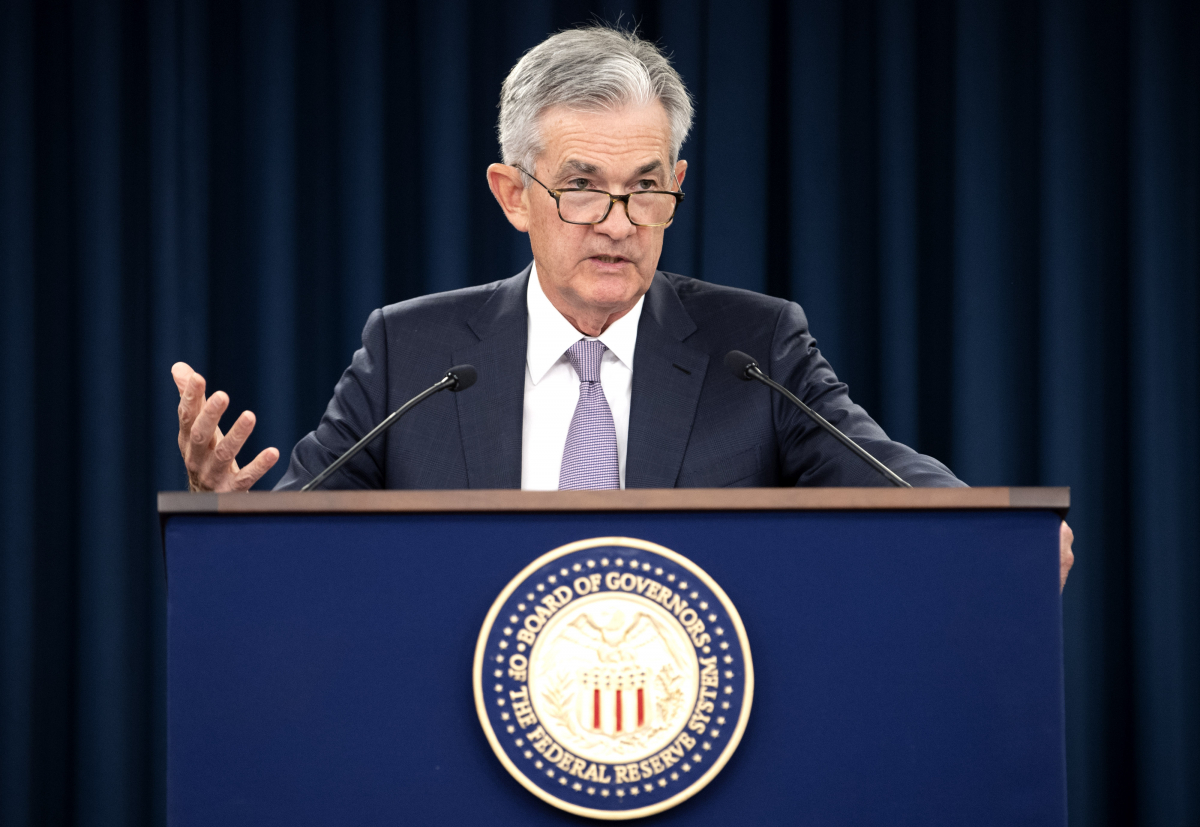 ▲제롬 파월 미국 연방준비제도 의장이 19일(현지시간) 워싱턴DC에서 연방공개시장위원회(FOMC)를 마치고 결과를 설명하고 있다. (UPI연합뉴스)