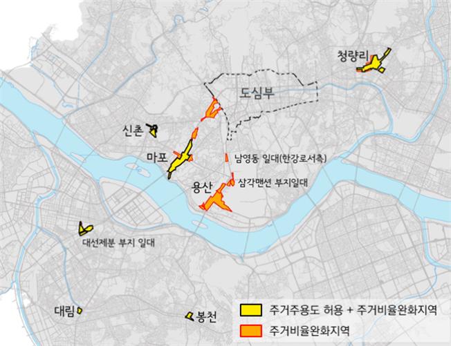 ▲주거주용도 허용 및 주거비율 완화 추가지역 위치도(사진 = 서울시)
