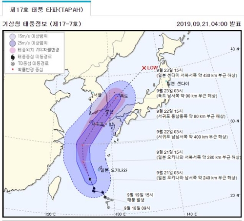 ▲태풍 타파 예상 경로.(출처=기상청)