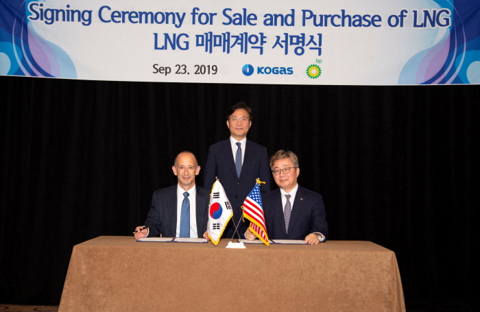 ▲23일(현지시각) 미국 뉴욕에서 성윤모 산업통상자원부 장관(윗쪽 가운ㄷ) 임석 하에 채희봉 한국가스공사 사장(오른쪽)과  로버트 로손(Robert Lawson) 회장이 미국산 액화천연가스(LNG) 장기매매계약 체결 후 기념촬영을 하고 있다.(한국가스공사)