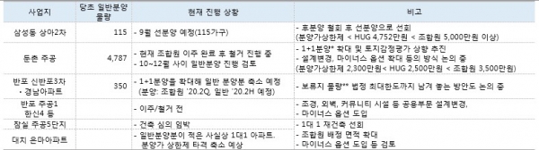 ▲민간택지 분양가 상한제 발표 이후 주요 재건축 단지 사업 진행 상황.(자료제공=KTB투자증권)