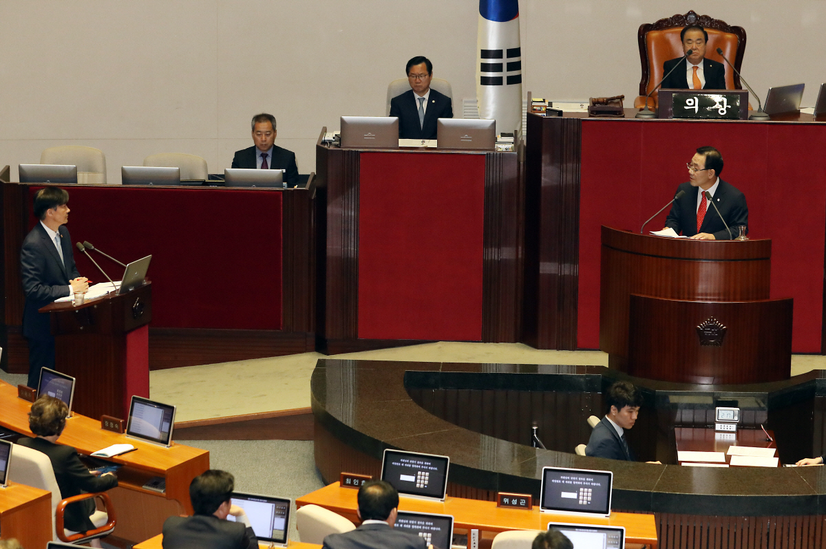 ▲1일 서울 여의도 국회 본회의장에서 자유한국당 주호영 의원이 조국 법무부 장관에게 질의를 하고 있다. 뉴시스