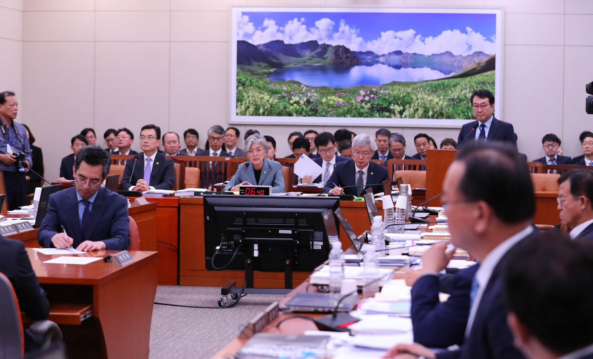 ▲강경화 외교부 장관이 2일 오후 서울 여의도 국회에서 열린 국회 외교통일위원회의 외교부 등에 대한 종합 국정감사에 참석해 의원들의 질의에 답하고 있다.(뉴시스)