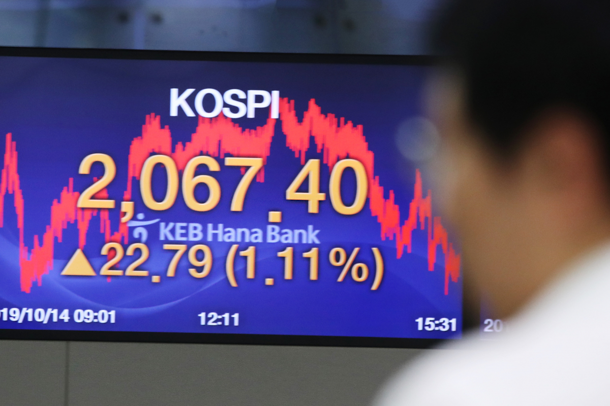 ▲코스피가 1% 넘게 오르며 상승 마감한 14일 오후 서울 중구 KEB하나은행 딜링룸에서 한 직원이 종가가 뜬 스크린 앞을 지나고 있다.  (연합뉴스)