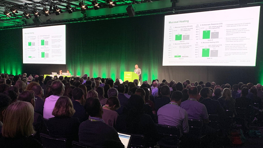 ▲21일(현지시간) 스페인 바르셀로나에서 개최된 2019 UEGW 학회에서 스테판 슈라이버 독일 슐레스비히홀슈타인 대학병원 킬 캠퍼스 교수가 램시마SC 임상결과를 발표하고 있다. (사진제공=셀트리온)