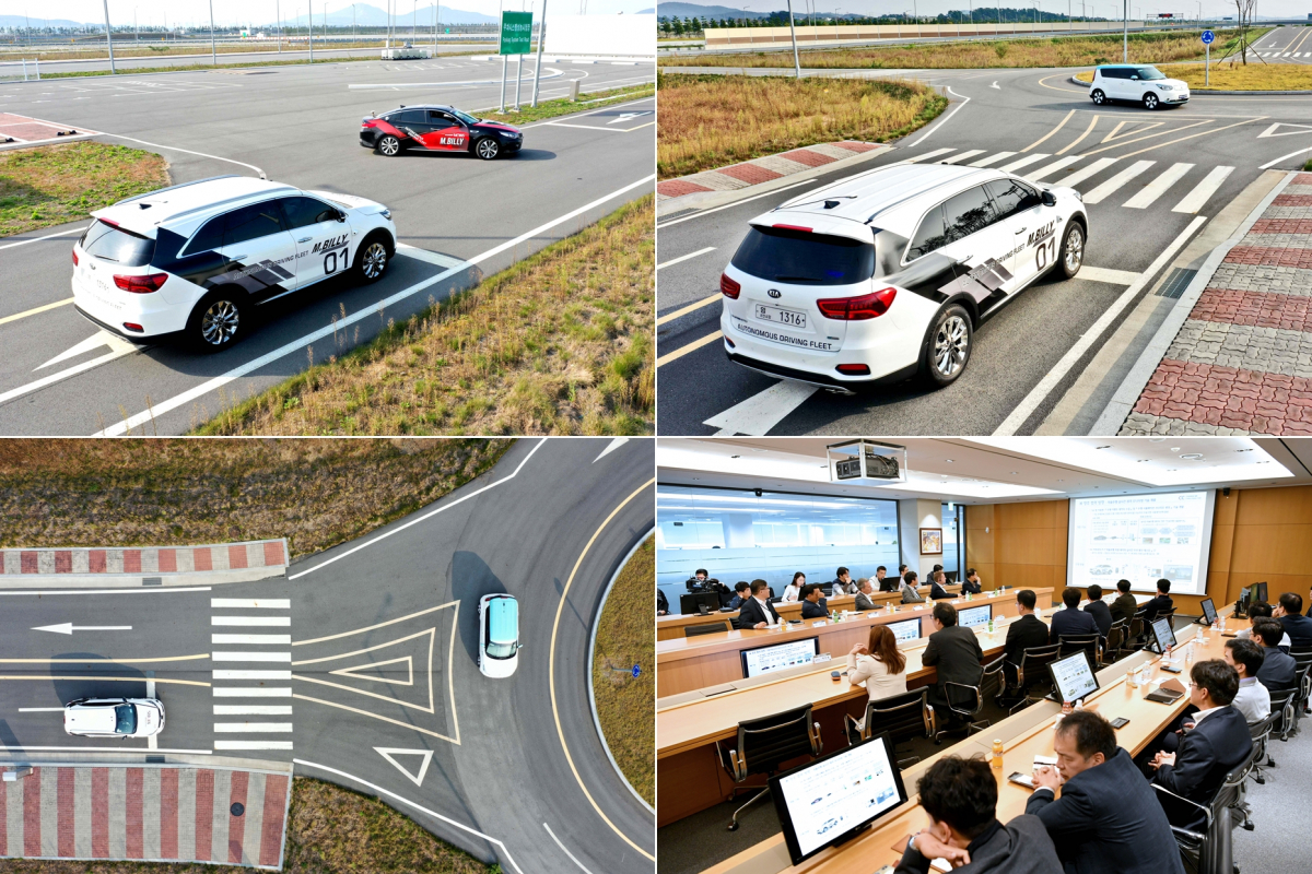 ▲현대모비스는 서산주행시험장에서 KT, 현대엠엔소프트와 함께 5G커넥티드카 기술 공동 개발 성과를 공유하고, 향후 협력 방안을 논의하는 <기술협력성과 시연회>를 개최했다. 사진은 자율주행차에 적용된 5G 커넥티드카 기술이 어떻게 안전하고 효율적인 주행을 돕는지 다양한 시나리오 속에 담아 시연하는 모습.  (사진제공=현대모비스)