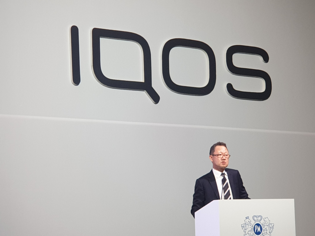 ▲23일 '아이코스 3 듀오' 출시 행사장에서 발언하는 정일우 한국필립모리스 대표이사. (사진=안경무 기자 noglasses@)