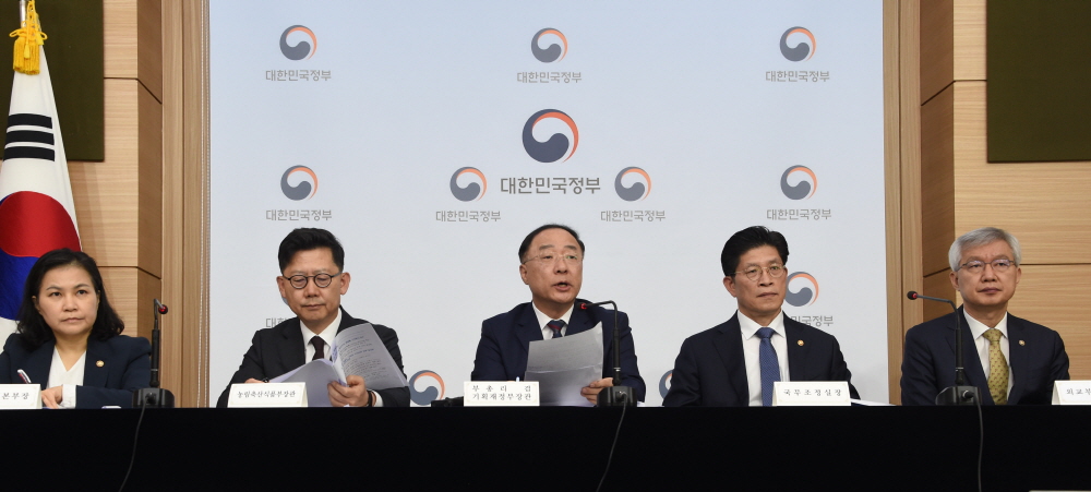 ▲홍남기 경제부총리 겸 기획재정부 장관이 25일 정부서울청사에서 열린 대외경제장관회의 결과 관련 관계부처 합동브리핑에서 발표하고 있다. 왼쪽부터 유명희 통장교섭본부장, 김현수 농림부 장관, 홍남기 부총리, 노형욱 국무조정실장, 이태호 외교부 2차관. (사진제공=기획재정부)