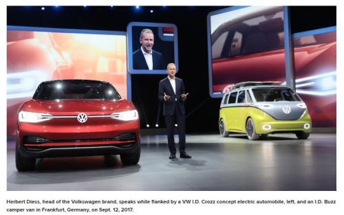▲허버트 디에스 폭스바겐 CEO가 전기차 모델 앞에서 말하고 있다. 출처 CNBC
