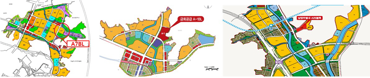 ▲하남 감일·고양 지축·남양주 별내지구(왼쪽부터) 신혼희망타운 위치도.(자료 제공=국토교통부)