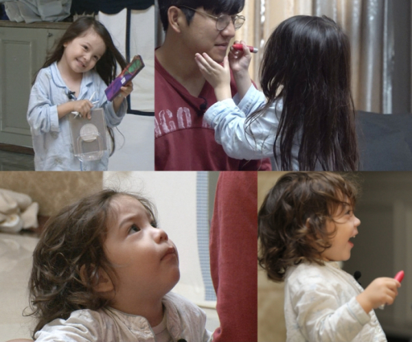 ▲'슈퍼맨이 돌아왔다' 건후, 나은이 아빠에게 메이크업을 해준다.(사진제공=KBS)