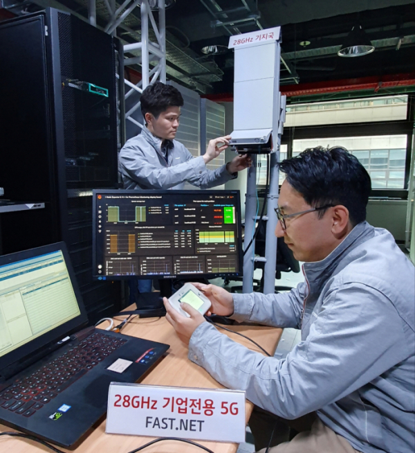 ▲KT연구원들이 28GHz 초저지연 기업전용 5G 네트워크인 FAST.NET 기술을 세계 최초로 개발해 시연을 진행하고 있다. (사진제공=KT)