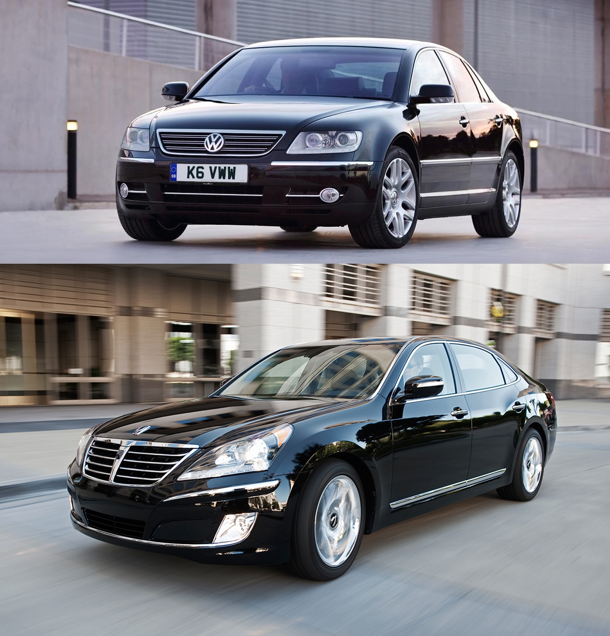 ▲폭스바겐 페이톤(사진 위)는 북미 시장에 폭스바겐 브랜드로 진출했다 참패했다. 폭스바겐을 따라했던 현대차 에쿠스(아래) 역시 상황은 다르지 않았다.  (사진제공=VW글로벌미디어, 현대뉴스닷컴)